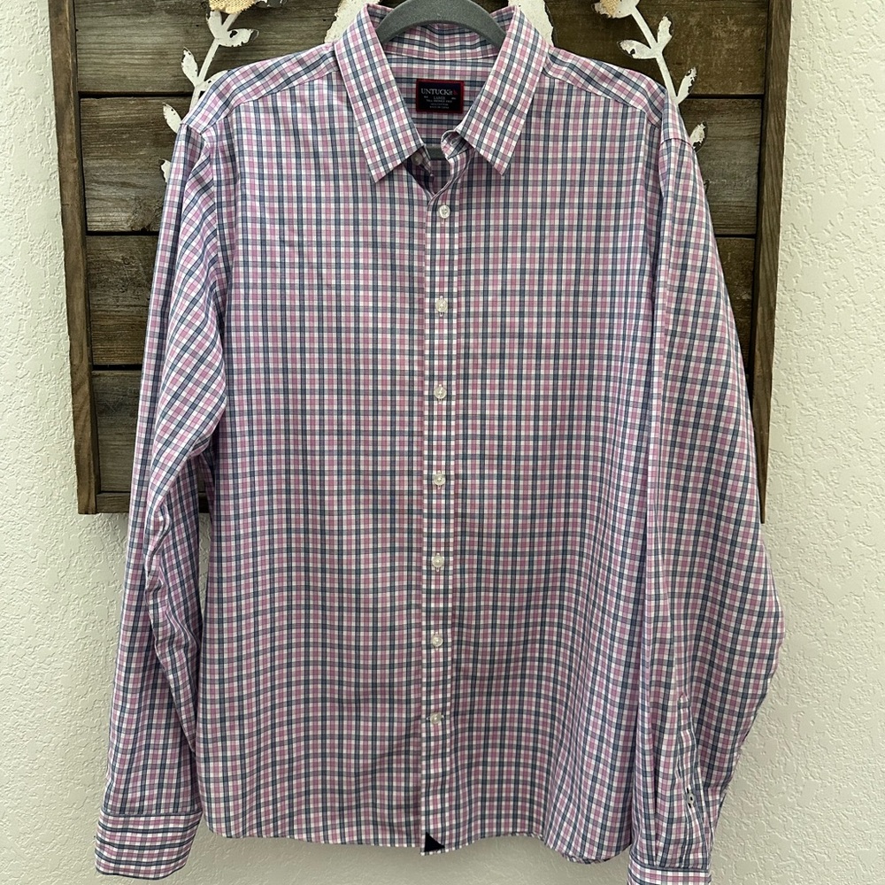 Untuckit blue pink plaid button down‎ long sleeve shirt men’s size L Tall